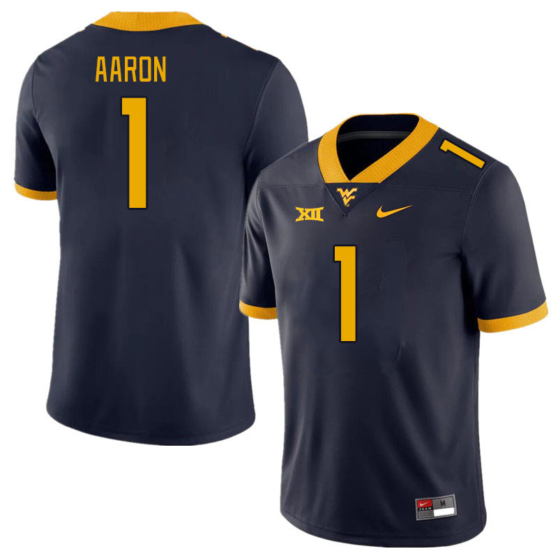 Men #1 Jeremiah Aaron West Virginia Mountaineers College Football Jerseys Stitched Sale-Navy - Click Image to Close